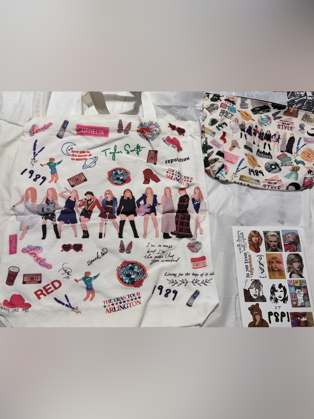 Taylor Swift White Illustrated Tote Bag, Cosmetic Bag & 100 sticker sheet Bundle
